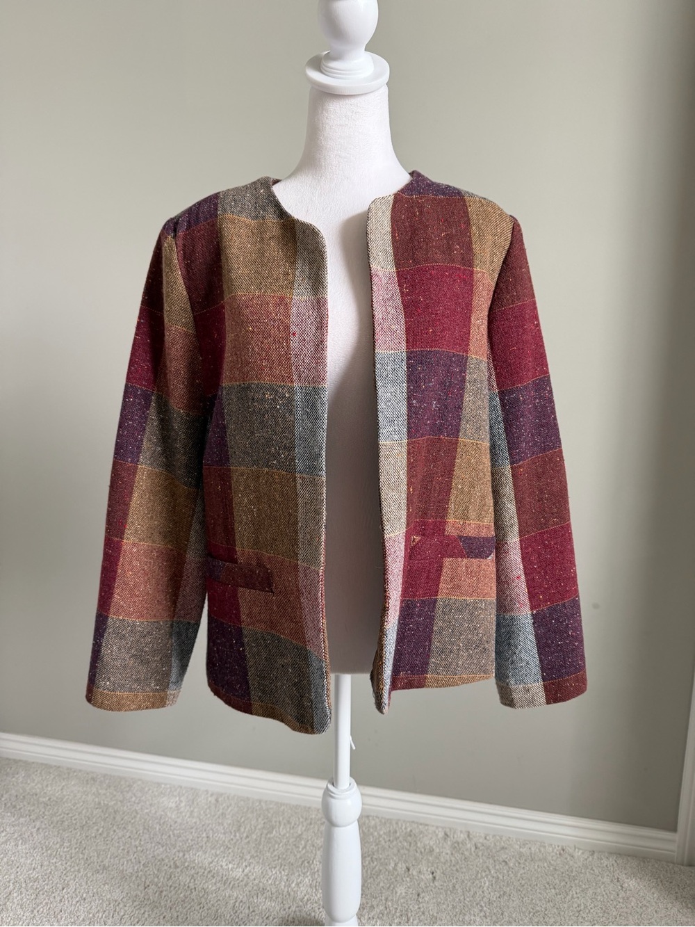 Vintage Women's Open-Front Plaid Tweed Jacket - Multicolor